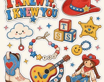 I Knew It I Knew You Stickers Sheets, Western Cowgirl Stickers, Friendship Bracelet Sticker Pack, Pink Cowboy Hat, Guitar Boot Disco Ball