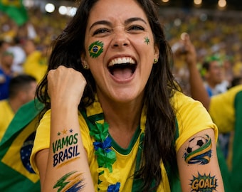 Brazil 2026 Football Tattoo, Personalized Brazil Flag Temporary Tattoo, Brazil Soccer Fan Face Tattoo, Football Supporter, Game Day Fan