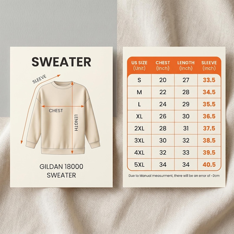 May include: A beige Gildan 18000 sweater with a size chart. The chart displays chest, length, and sleeve measurements in inches for sizes S to 5XL. The word "SWEATER" is at the top.
