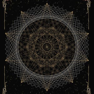 May include: Geometric art print featuring a complex, symmetrical design of interconnected lines in gold and white against a black background. The artwork includes decorative corner elements and the text "Casa & Style by Ankz".