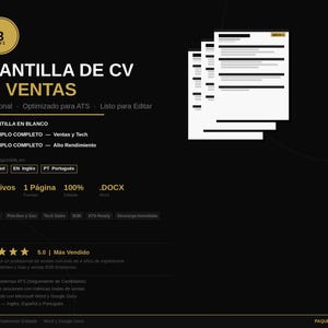 May include: A black and gold graphic with the text "PLANTILLA DE CV DE VENTAS" and other text in Spanish. The image includes a stack of white documents and a gold circle with the number "3".