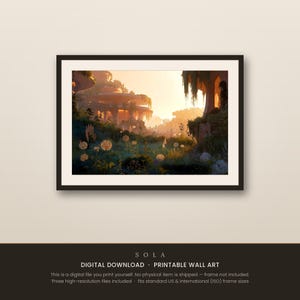 May include: A framed digital wall art print featuring a landscape with glowing, mushroom-like structures and soft, golden sunlight. The scene includes lush greenery, delicate white flowers, and hanging vines. The text reads SOLA DIGITAL DOWNLOAD PRINTABLE WALL ART.