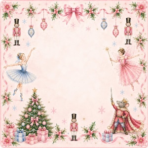 May include: A whimsical Christmas-themed illustration with a pink background. It features a Christmas tree, a ballerina, a fairy, a nutcracker, and a mouse king. The design includes pink bows, ornaments, snowflakes, and floral accents, creating a festive and charming aesthetic.