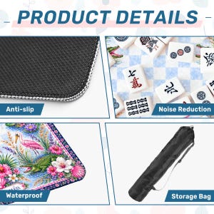 May include: Product details image showing an anti-slip surface, Mahjong tiles, a waterproof mat with a flamingo and floral design, and a storage bag. The mat features a colorful design with a flamingo, flowers, and a crocodile.