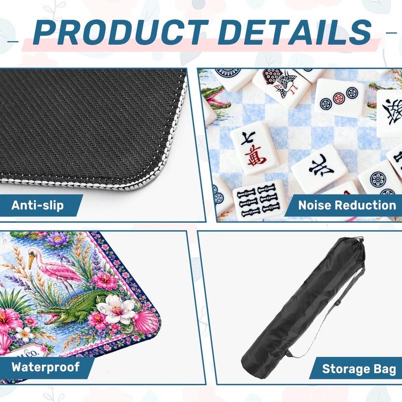May include: Product details image showing an anti-slip surface, Mahjong tiles, a waterproof mat with a flamingo and floral design, and a storage bag. The mat features a colorful design with a flamingo, flowers, and a crocodile.
