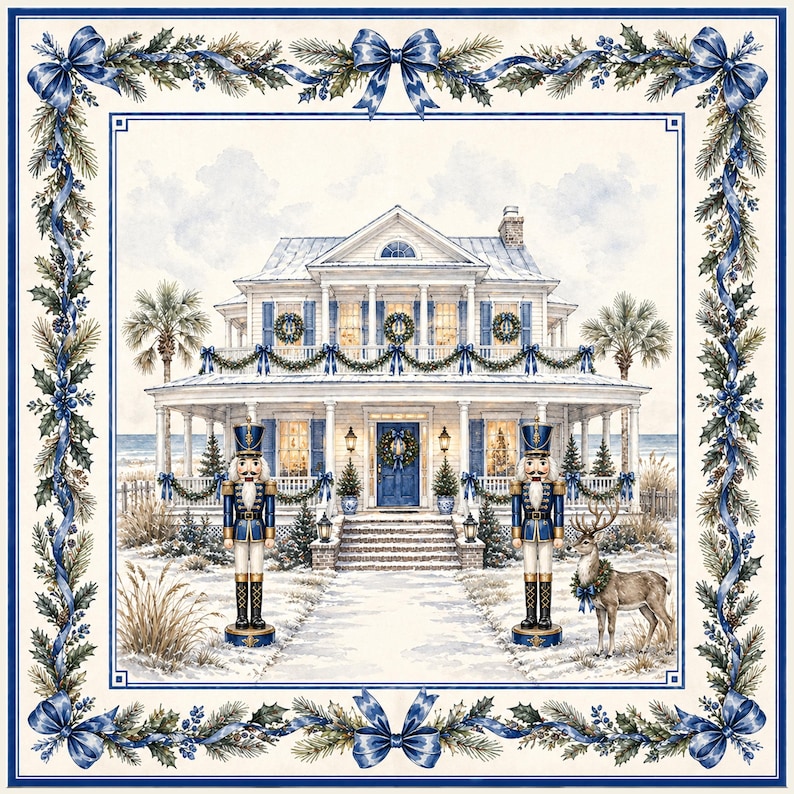 May include: A watercolor illustration of a white house decorated for Christmas with blue accents. Two nutcrackers stand guard on either side of the front door. A reindeer stands nearby. The image is framed with blue bows and greenery.