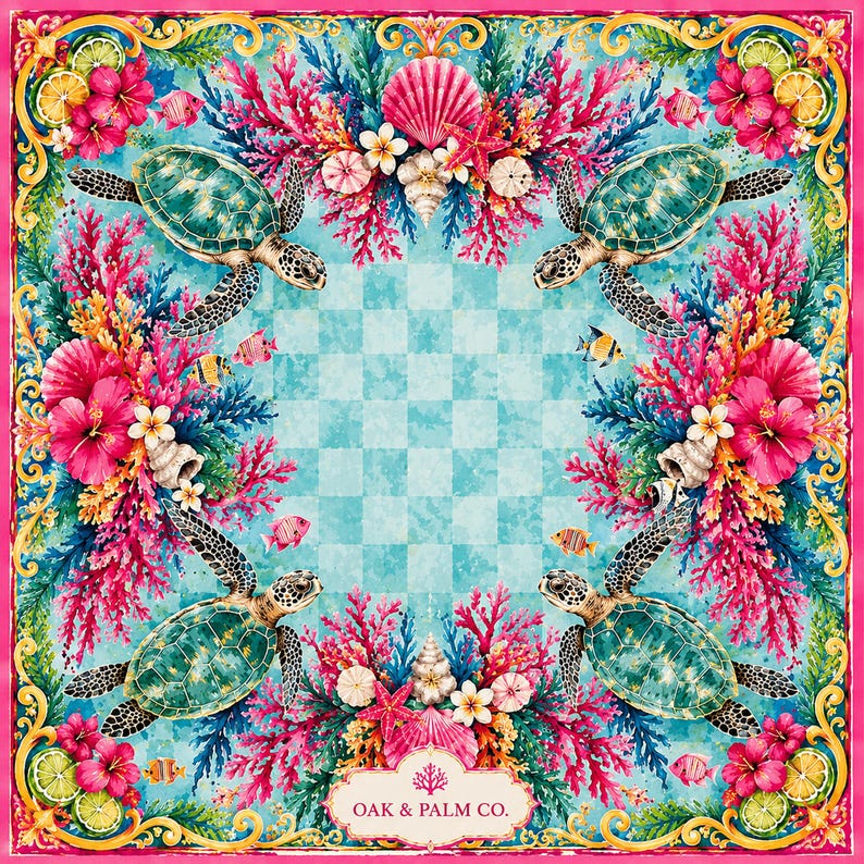 May include: Square scarf with a vibrant underwater theme. Features four sea turtles, coral, seashells, and tropical flowers. The design includes a checkered center and a pink and gold border. The text "OAK & PALM CO." is visible.