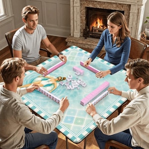 May include: Four people playing Mahjong around a square table. The table has a light blue and white patterned surface with a woman in a swimsuit printed on it. Pink Mahjong tiles and racks are visible.