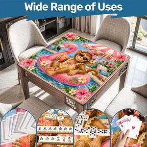 May include: A wooden table with a colorful top featuring a monkey relaxing on a flamingo float. The table is surrounded by chairs and the text "Wide Range of Uses" is at the top. The image also shows cards, dominoes, and mahjong tiles.