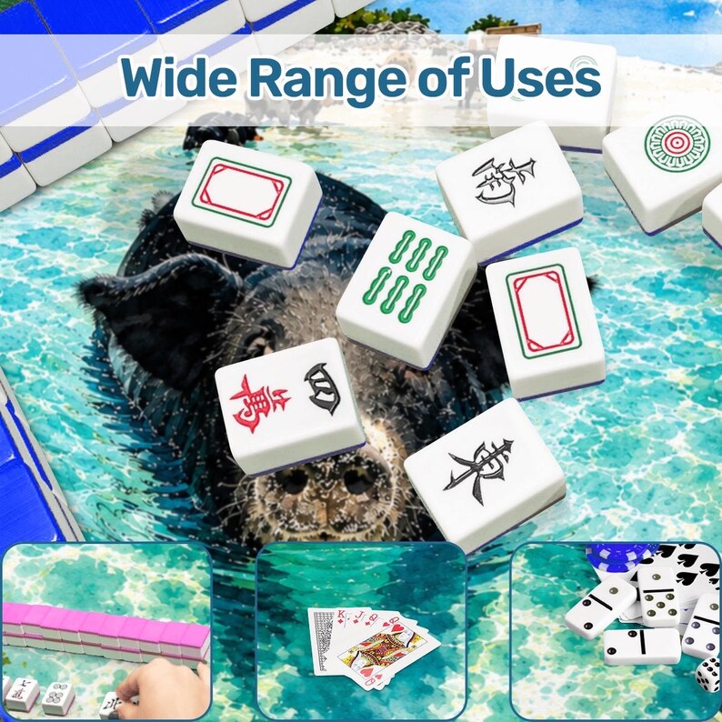 May include: A collection of white mahjong tiles with red, green, and black symbols, featuring the text Wide Range of Uses. The image includes smaller insets showing pink mahjong tiles, playing cards, and black and white dominoes.
