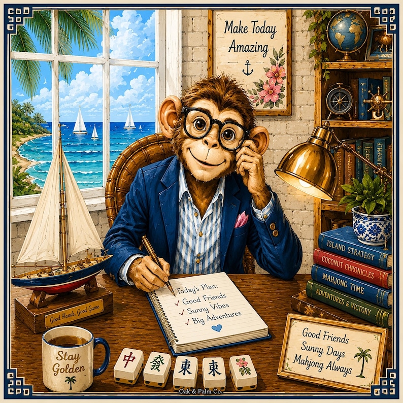 May include: A whimsical illustration of a monkey wearing glasses, writing in a notebook. The scene includes a sailboat, a coffee mug with "Stay Golden", and Mahjong tiles. The text "Make Today Amazing" is displayed above the monkey.