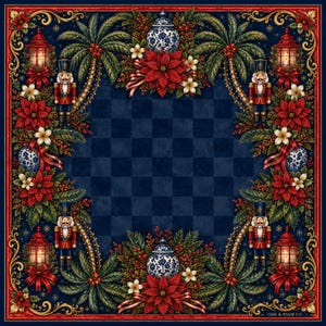 Puede incluir: Un dise&ntilde;o cuadrado, azul marino y rojo con tem&aacute;tica navide&ntilde;a con un centro a cuadros. El borde presenta adornos dorados ornamentados. Las esquinas est&aacute;n decoradas con flores de pascua rojas, faroles, cascanueces y jarrones de porcelana azules y blancos.