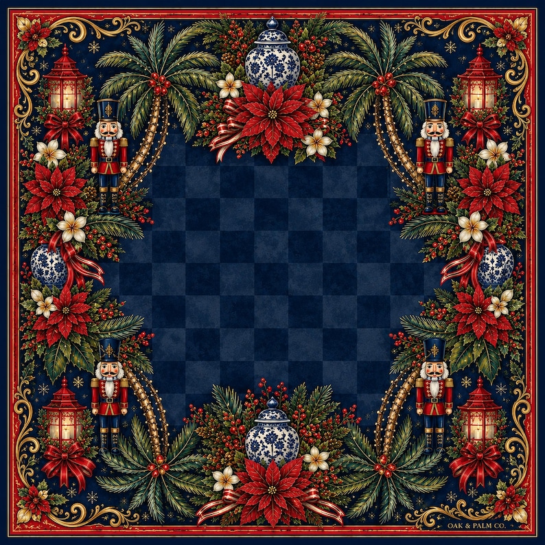 Puede incluir: Un dise&ntilde;o cuadrado, azul marino y rojo con tem&aacute;tica navide&ntilde;a con un centro a cuadros. El borde presenta adornos dorados ornamentados. Las esquinas est&aacute;n decoradas con flores de pascua rojas, faroles, cascanueces y jarrones de porcelana azules y blancos.
