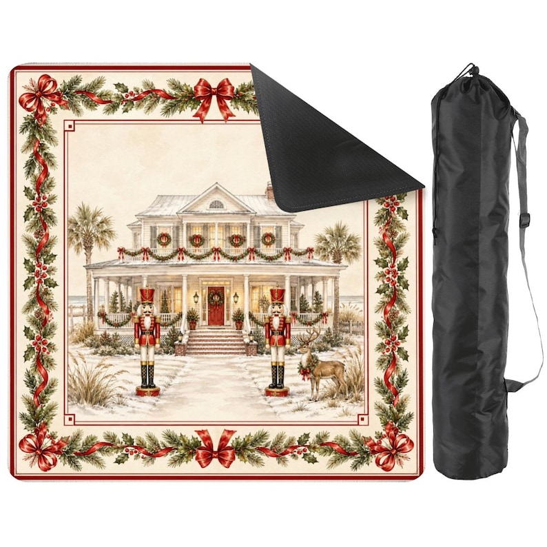 May include: A Christmas-themed mat featuring a snow-covered house with festive decorations, nutcrackers, and a deer. The mat has a red and green border with bows and greenery. Includes a black carrying bag.