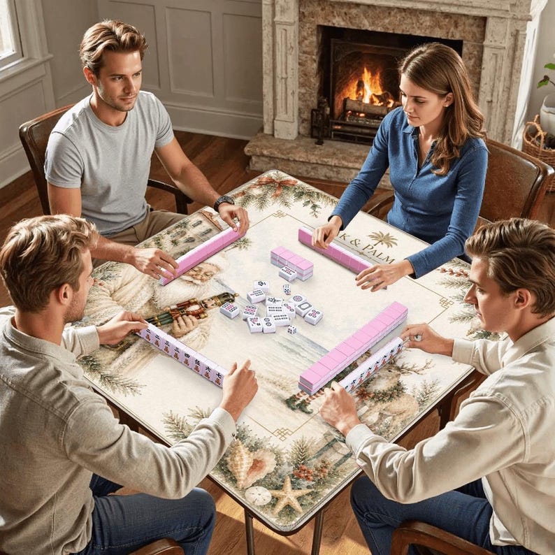 May include: Four people playing Mahjong around a square table. The table has a decorative cloth with a beach and Christmas theme. Pink Mahjong tiles and racks are visible. The game is set up with a fireplace in the background.