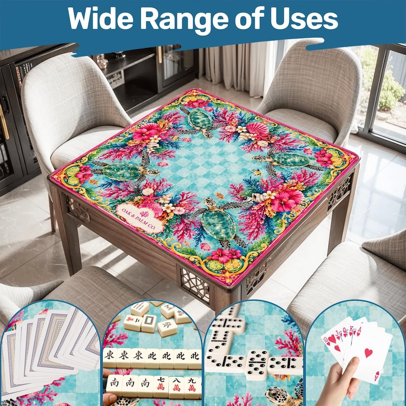May include: A square table cover with a turquoise background featuring sea turtles, flowers, and coral. The cover is on a wooden table with a decorative edge. The image includes examples of card games, dominoes, and mahjong.