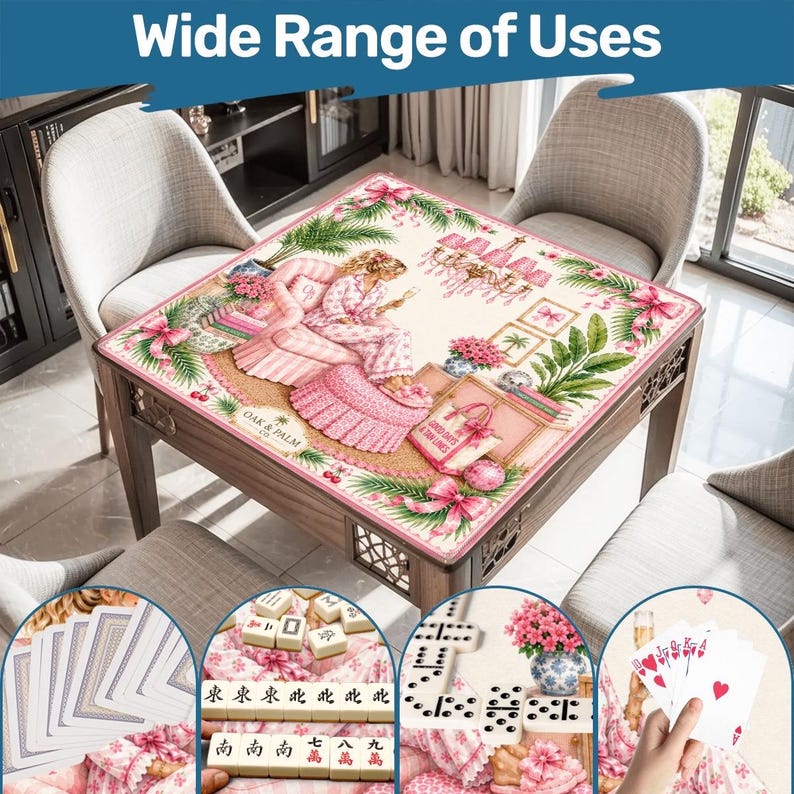 May include: A wooden game table with a decorative floral design and the text "Wide Range of Uses." The table features a pink and white floral pattern with a woman reading. The image also shows playing cards, dominoes, and mahjong tiles.