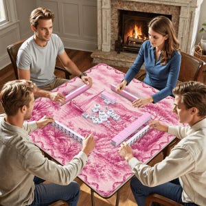 May include: Four people playing Mahjong around a square table. The table has a pink floral design. Each player has a set of pink tiles and racks. A fireplace with a burning fire is in the background.
