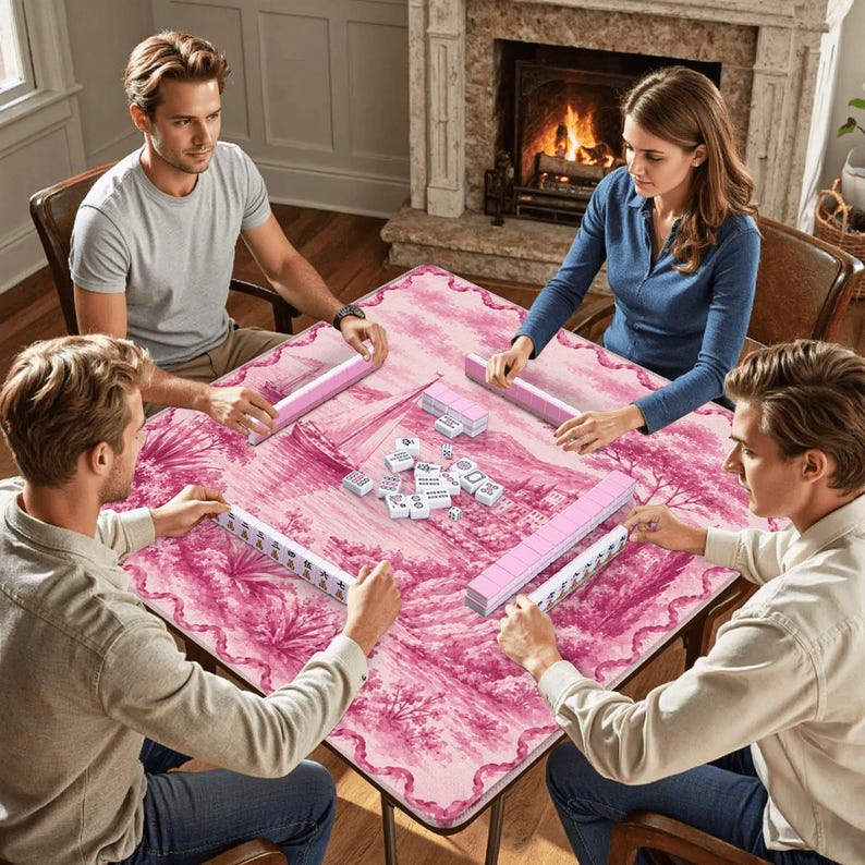 May include: Four people playing Mahjong around a square table. The table has a pink floral design. Each player has a set of pink tiles and racks. A fireplace with a burning fire is in the background.