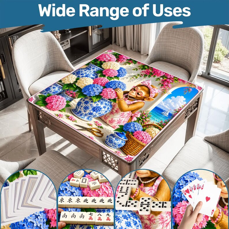 May include: Wooden square table with a decorative floral design and a monkey illustration. The table is surrounded by chairs and features a variety of games, including cards, dominoes, and mahjong. The text "Wide Range of Uses" is at the top.