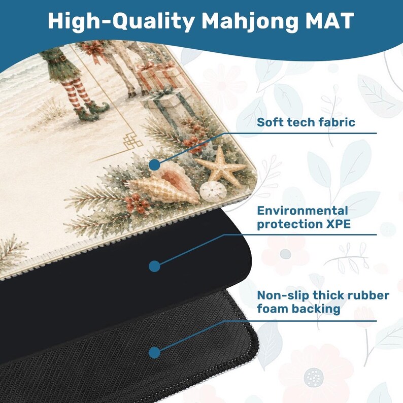 May include: A high-quality Mahjong mat with a decorative design featuring seashells, a starfish, and holiday imagery. The mat has a soft tech fabric, environmental protection XPE, and a non-slip thick rubber foam backing.