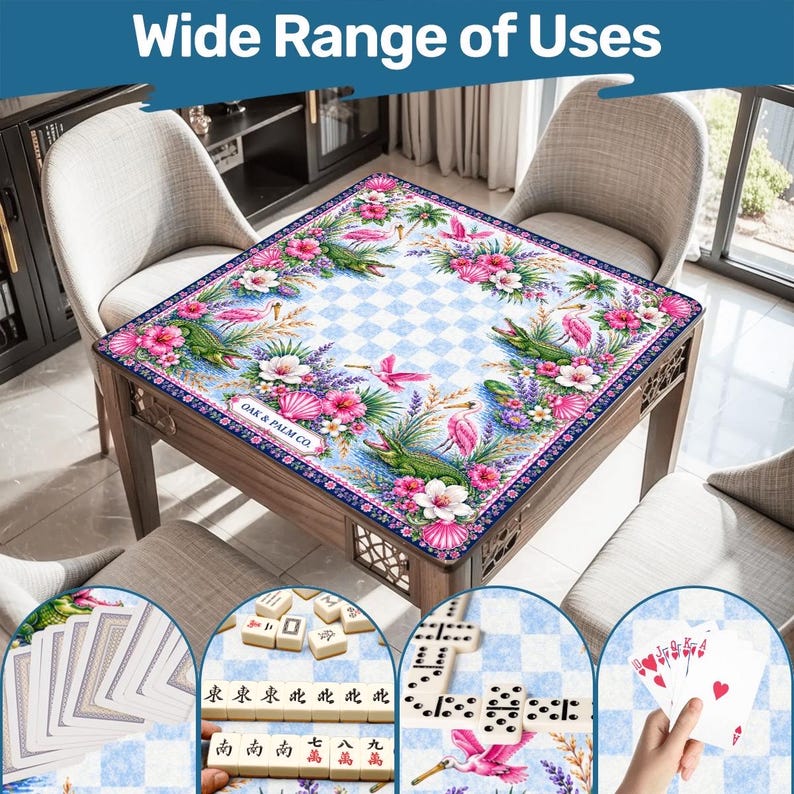 May include: A wooden table with a floral patterned top featuring pink flowers, green alligators, and pink birds. The table is surrounded by chairs. The image includes the text "Wide Range of Uses" and "OAK & PALM CO."