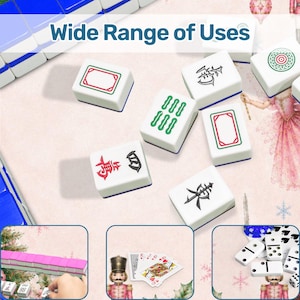 May include: White Mahjong tiles with red, green, and black symbols and designs. The text "Wide Range of Uses" is at the top of the image. The image also includes examples of other games like dominoes and playing cards.
