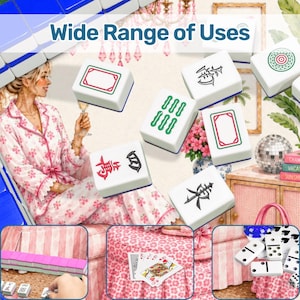 May include: White and blue Mahjong tiles with various symbols and designs. The image also shows dominoes and playing cards. The text "Wide Range of Uses" is displayed at the top of the image.