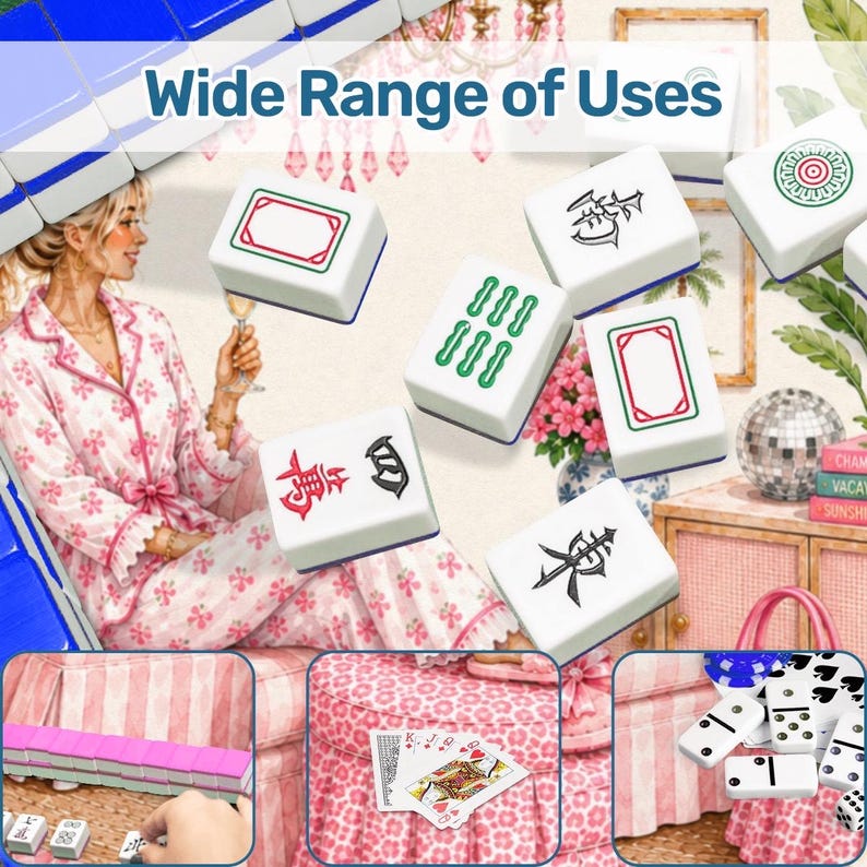 May include: White and blue Mahjong tiles with various symbols and designs. The image also shows dominoes and playing cards. The text "Wide Range of Uses" is displayed at the top of the image.