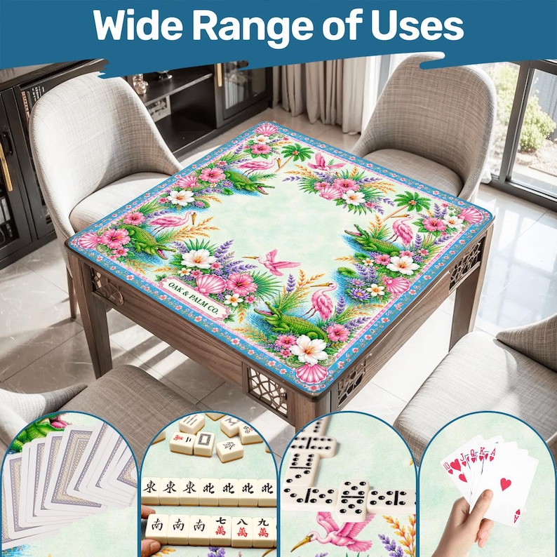 May include: A wooden table with a floral design, featuring pink flamingos, flowers, and greenery. The table has a light blue border and the text "OAK & PALM CO." is visible. The image also shows playing cards, dominoes, and mahjong tiles, suggesting a game table.