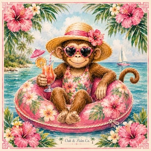 May include: A whimsical illustration of a monkey relaxing in a pink floral inner tube, wearing heart-shaped sunglasses and a straw hat. The monkey is holding a tropical drink with an orange slice. The background features a beach scene with palm trees and a sailboat.