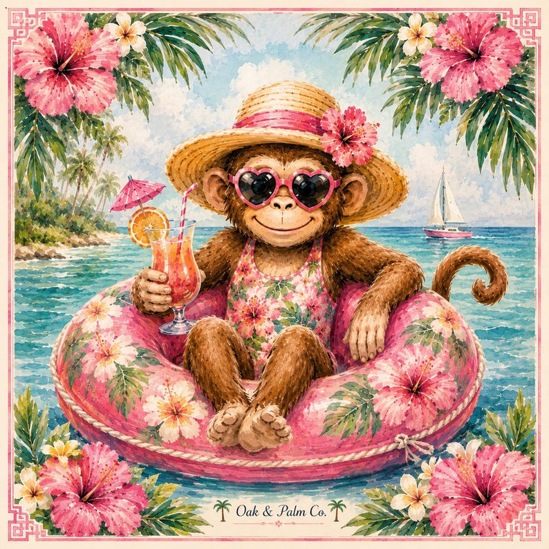 May include: A whimsical illustration of a monkey relaxing in a pink floral inner tube, wearing heart-shaped sunglasses and a straw hat. The monkey is holding a tropical drink with an orange slice. The background features a beach scene with palm trees and a sailboat.