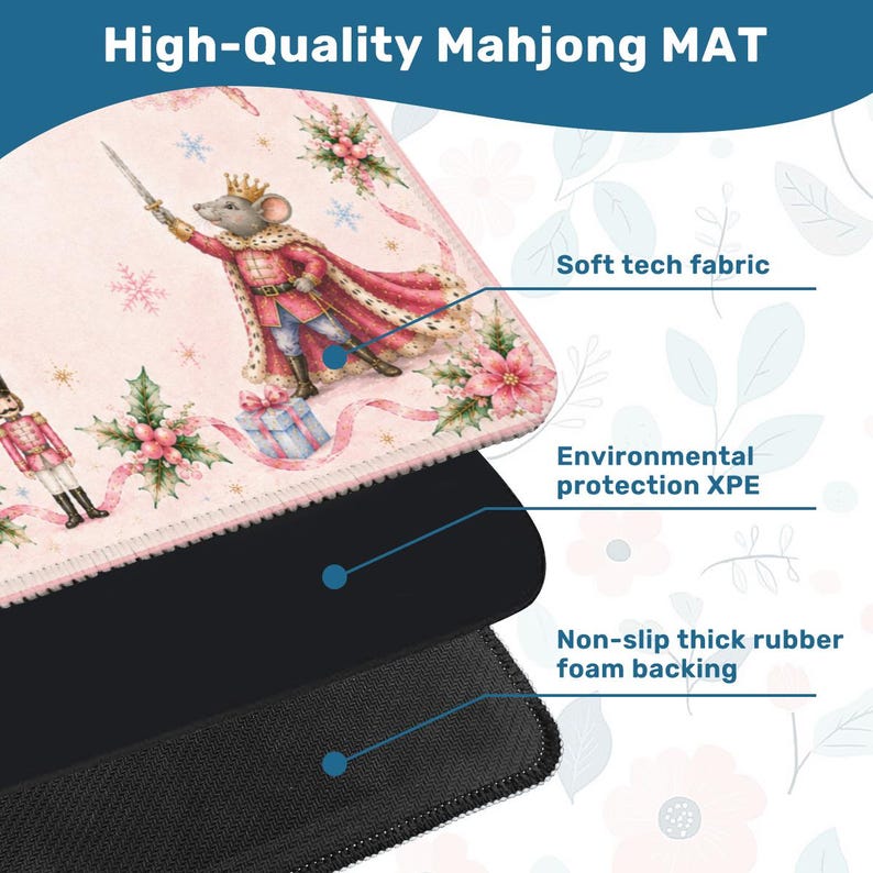 May include: A high-quality Mahjong mat with a whimsical design featuring a mouse king in a red and gold coat. The mat has a soft tech fabric surface, environmental protection XPE, and a non-slip thick rubber foam backing. The text "High-Quality Mahjong MAT" is at the top.