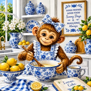 May include: A whimsical illustration of a monkey in a blue and white floral apron and bow, stirring a bowl. Lemons, blue and white china, and a framed sign that reads "Good Friends, Good Food, Sunny Days & Mahjong Always" complete the kitchen scene.