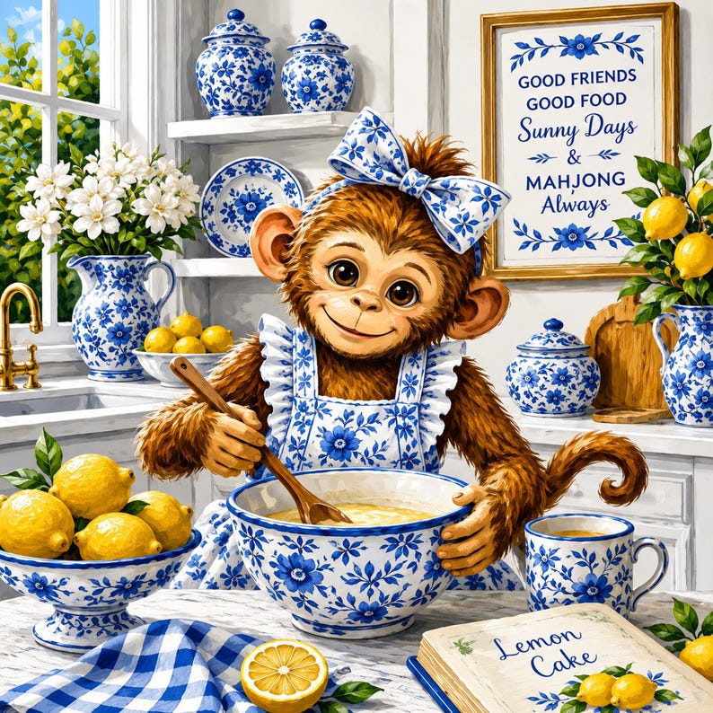 May include: A whimsical illustration of a monkey in a blue and white floral apron and bow, stirring a bowl. Lemons, blue and white china, and a framed sign that reads "Good Friends, Good Food, Sunny Days & Mahjong Always" complete the kitchen scene.