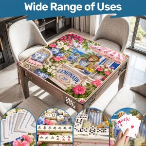 May include: A wooden table with a decorative top featuring a lemonade stand scene with a monkey. The table is surrounded by chairs and has cutouts on the sides. The image includes the text "Wide Range of Uses" and "LEMONADE 25&cent;".