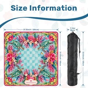 May include: A square, colorful chess board with a sea turtle design, measuring 31.5 inches (80cm) on each side. The board features a turquoise and white checkered center, surrounded by coral, flowers, and sea turtles. Includes a black carrying bag, 33.5 inches (85cm) long.