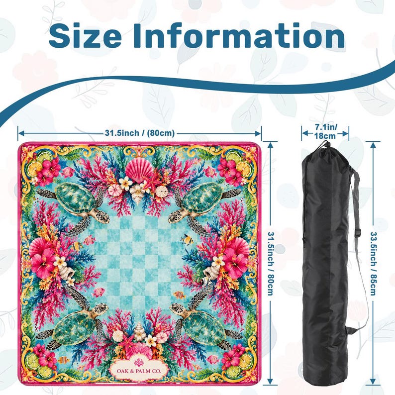 May include: A square, colorful chess board with a sea turtle design, measuring 31.5 inches (80cm) on each side. The board features a turquoise and white checkered center, surrounded by coral, flowers, and sea turtles. Includes a black carrying bag, 33.5 inches (85cm) long.