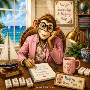 May include: A whimsical illustration of a monkey wearing glasses and a pink blazer, writing in a notebook. The scene includes a sailboat, a coffee mug that says "Stay Golden", and Mahjong tiles. The text reads "Live for Sunny Days & Mahjong Plays".