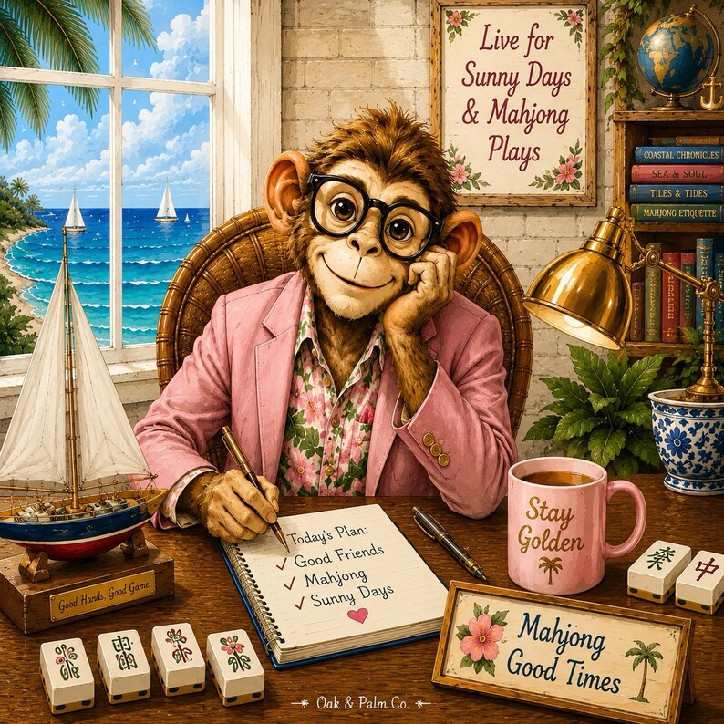 May include: A whimsical illustration of a monkey wearing glasses and a pink blazer, writing in a notebook. The scene includes a sailboat, a coffee mug that says "Stay Golden", and Mahjong tiles. The text reads "Live for Sunny Days & Mahjong Plays".
