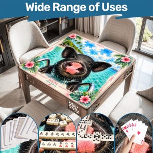 May include: A square wooden game table featuring a printed surface of a black pig swimming in blue water with pink hibiscus flowers. The table edges are labeled North, South, East, and West. Insets show playing cards, mahjong tiles, and dominoes.