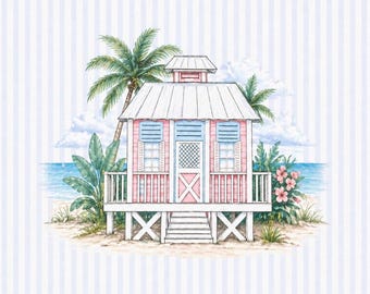 May include: Watercolor illustration of a pink beach house with blue shutters, a white roof, and a small porch. Palm trees, tropical plants, and pink flowers surround the house. The background features a blue ocean and sky.
