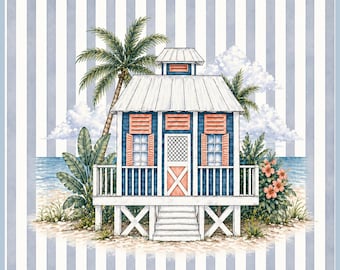 May include: Watercolor illustration of a beach hut with blue walls, a white roof, and coral-colored shutters and door. Palm trees, flowers, and the ocean are visible. The background features blue and white vertical stripes.