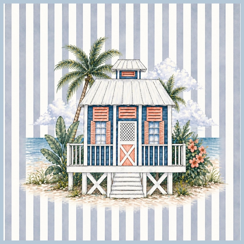 Coastal Beach Cottage Mahjong Mat blue/large stripes