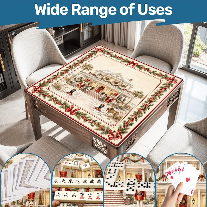 May include: A wooden game table with a festive Christmas design. The table features a detailed illustration of a house, surrounded by a border of greenery and red bows. The image includes the text "Wide Range of Uses".