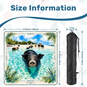 May include: A square mat featuring a black pig swimming in turquoise water with a beach scene, labeled North, South, East, and West, measuring 31.5 inches by 31.5 inches, alongside a black carrying bag measuring 7.1 inches by 33.5 inches.