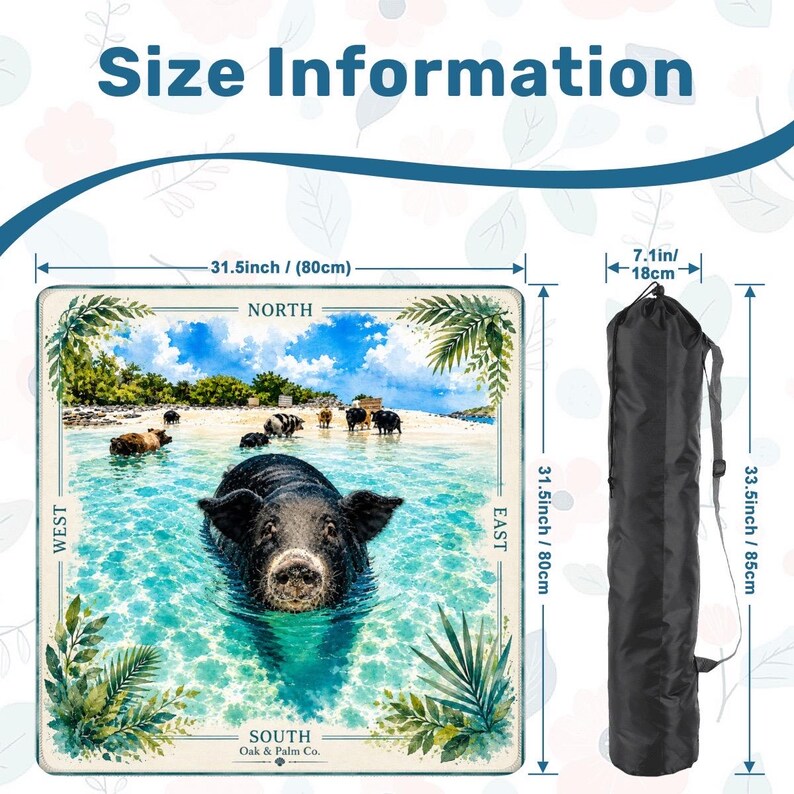 May include: A square mat featuring a black pig swimming in turquoise water with a beach scene, labeled North, South, East, and West, measuring 31.5 inches by 31.5 inches, alongside a black carrying bag measuring 7.1 inches by 33.5 inches.