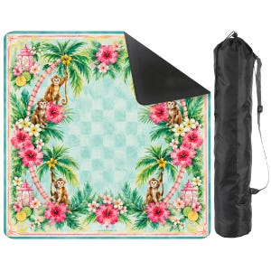May include: A square picnic blanket with a tropical design featuring monkeys, palm trees, and hibiscus flowers. The blanket has a light blue checkered background and a black underside. A black carrying bag is included.
