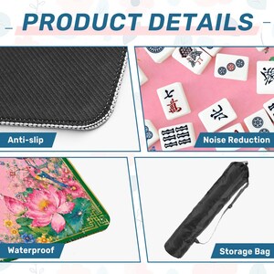 May include: Product details image featuring a close-up of a black anti-slip surface with white stitching, Mahjong tiles, a pink and green waterproof surface with a floral design, and a black storage bag.