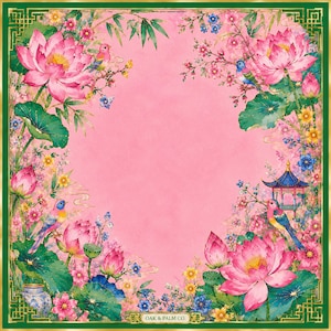 May include: Square scarf with a pink background and a floral design. The scarf features pink lotus flowers, colorful birds, and a pagoda. The border is green with a gold geometric pattern. The text "OAK & PALM CO." is at the bottom.